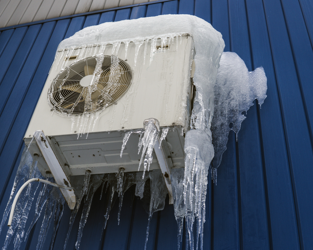 Accumulation de givre et de poussière sur une pompe à chaleur air-air défaillante