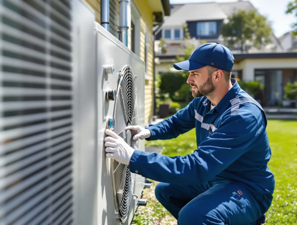 Technicien frigoriste agréé effectuant l'entretien d'une pompe à chaleur dans le Brabant Wallon.