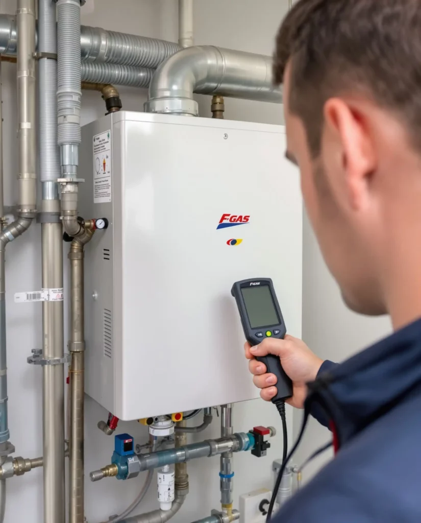 Technicien frigoriste agréé effectuant un contrôle d'étanchéité F-Gas sur une pompe à chaleur dans le Brabant Wallon